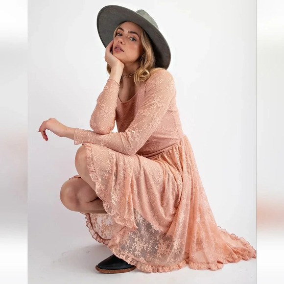 Easel Lace Layered Long Sleeve Midi Dress Mauve Pink New - Picture 6 of 6